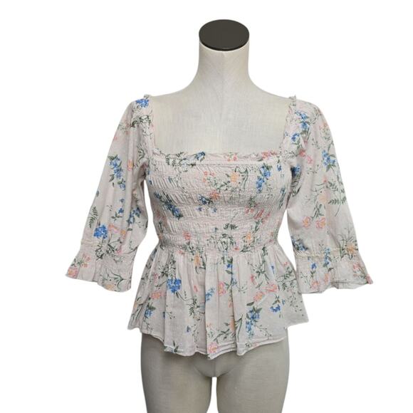 Saylor Clover Smocked Floral Gauze Blouse Square‎ Neckline Size Large Top - Picture 1 of 10
